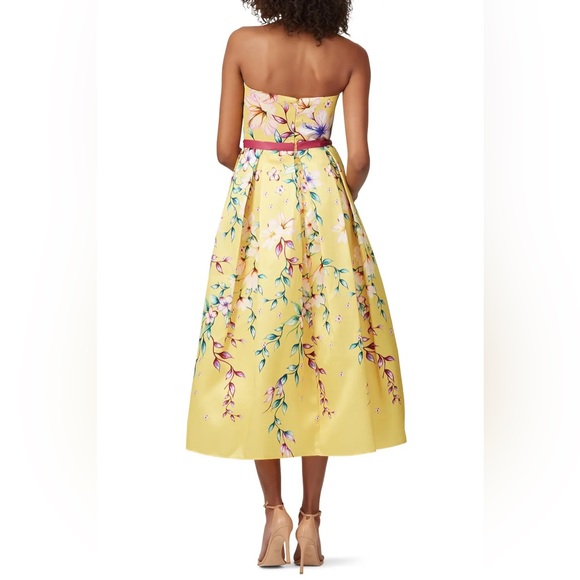 NWT Never Worn Marchesa Notte Mikado Strapless Navy Floral Tea Length Gown Sz 6 - Picture 7 of 9